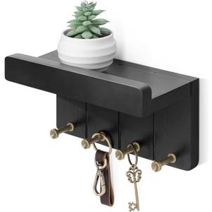 Rebee Vision Small Key Holder Wall Mount - Decorative 8 inch Key and Mail Holder for Wall with Shelf and 4 Sturdy Hooks for Aesthetic Room Decor - Perfect Aesthetic Stuff in House Decor (Modern Black)