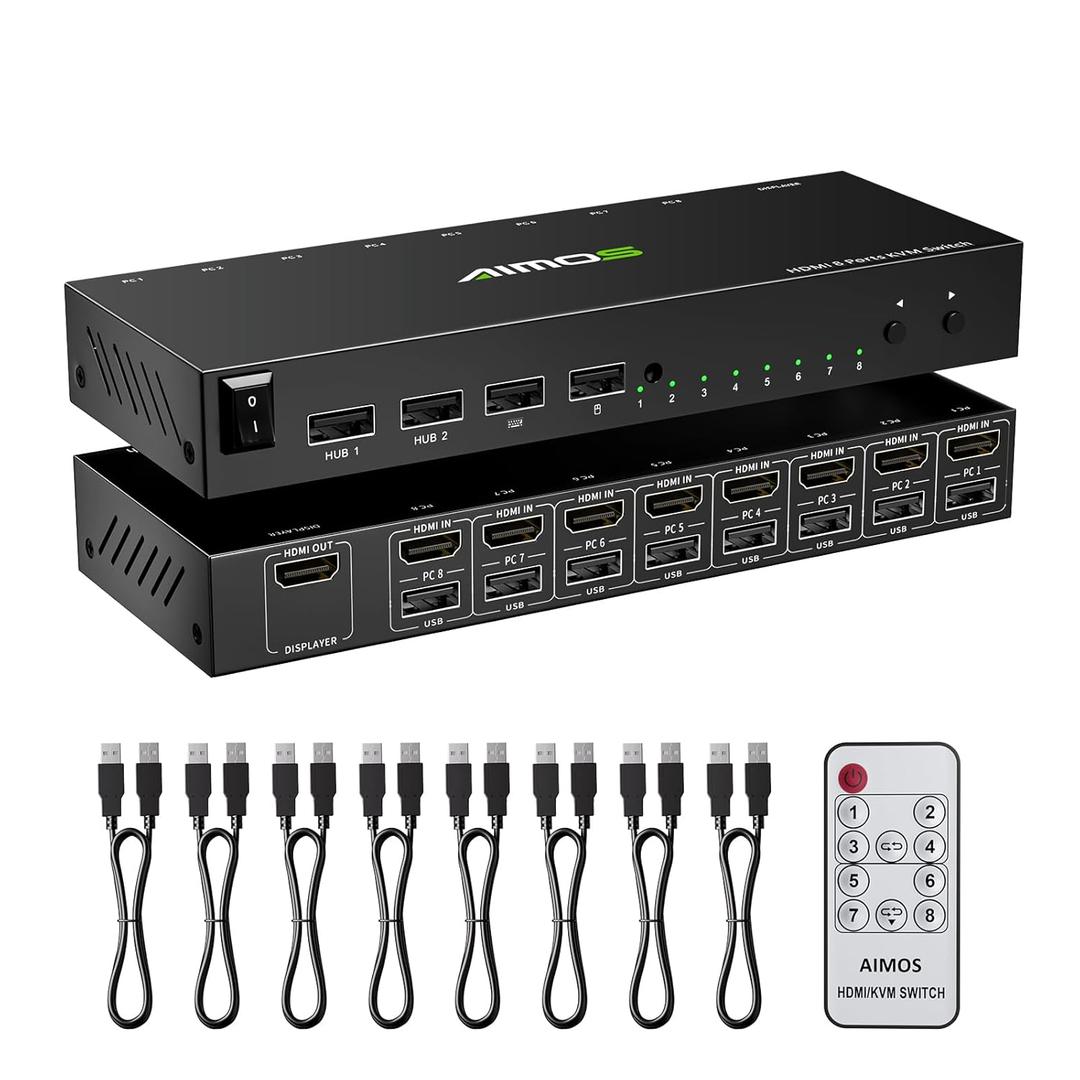 8 Port KVM Switch HDMI 4K@30Hz, USB2.0 HDMI KVM Switch for 8 Computers Share 1 Monitor Keyboard Mouse Printer, Support Hotkey Switch, with Remote Control and 8 USB Cables (black, black)