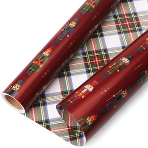 Ribbli Christmas Wrapping Paper Mini Roll Reversible Vintage Nutcracker and Tartan Plaid Gift Wrapping Paper Rolls Holiday Presents Decoration-17 Inch x 33 Feet-Red