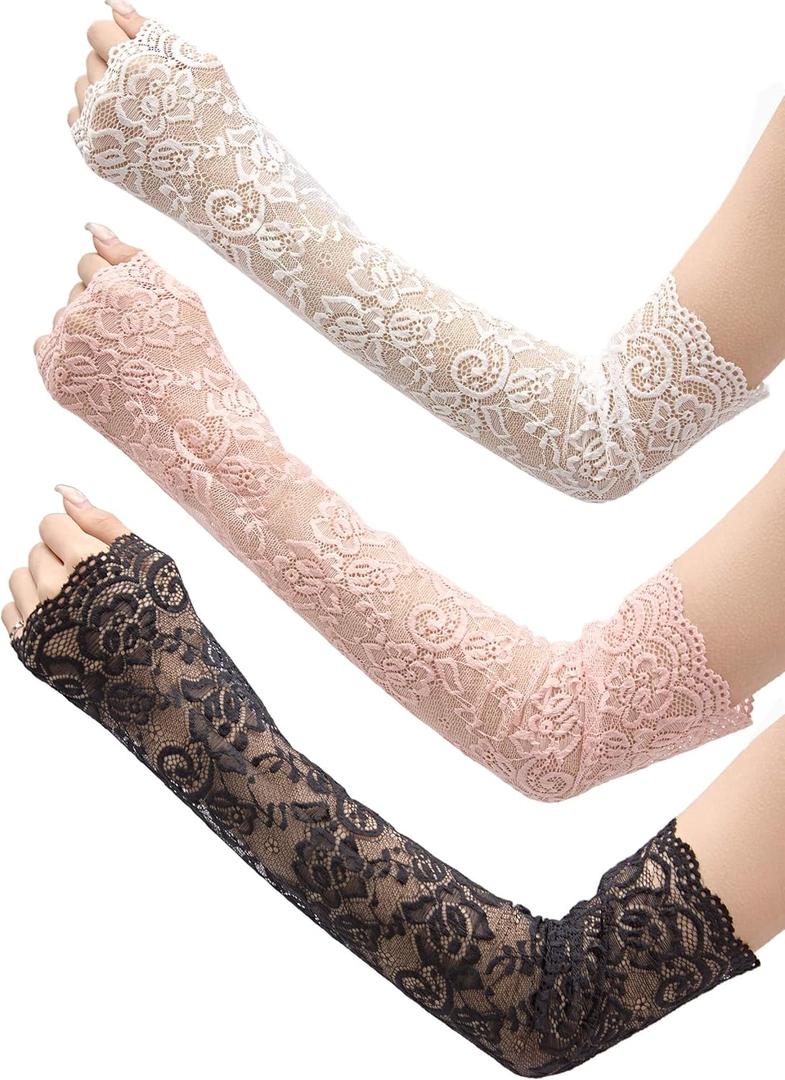 3 Pairs Women Lace Arm Sleeves Long Lace Gloves Fingerless Arm Covers Warmers Black White Pink