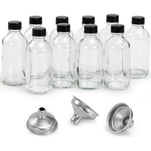 10 Pack, 4 oz Small Clear Glass Bottles w/ Lids & 3 Stainless Steel Funnel - 120ml Boston Round Sample Bottle for Potion, Juice, Ginger Shot, Wellness, Oils, Whiskey, Liquids - Leakproof Travel Bottle