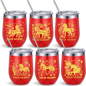 Domensi 6 Pcs 12oz 2026 Chinese New Year Tumbler Year of the Horse Gifts Stainless Steel Double Wall Vacuum Insulated Mug with Lid and Straw Spring Festival Lunar Party Gifts Zodiac Blessing Present