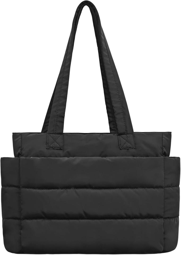 Tote Bag for Women, Puffer Quilted Handbag with Compartments Lightweight Puffy Shoulder Bag for Travel, Work, Gym (Small, Black)