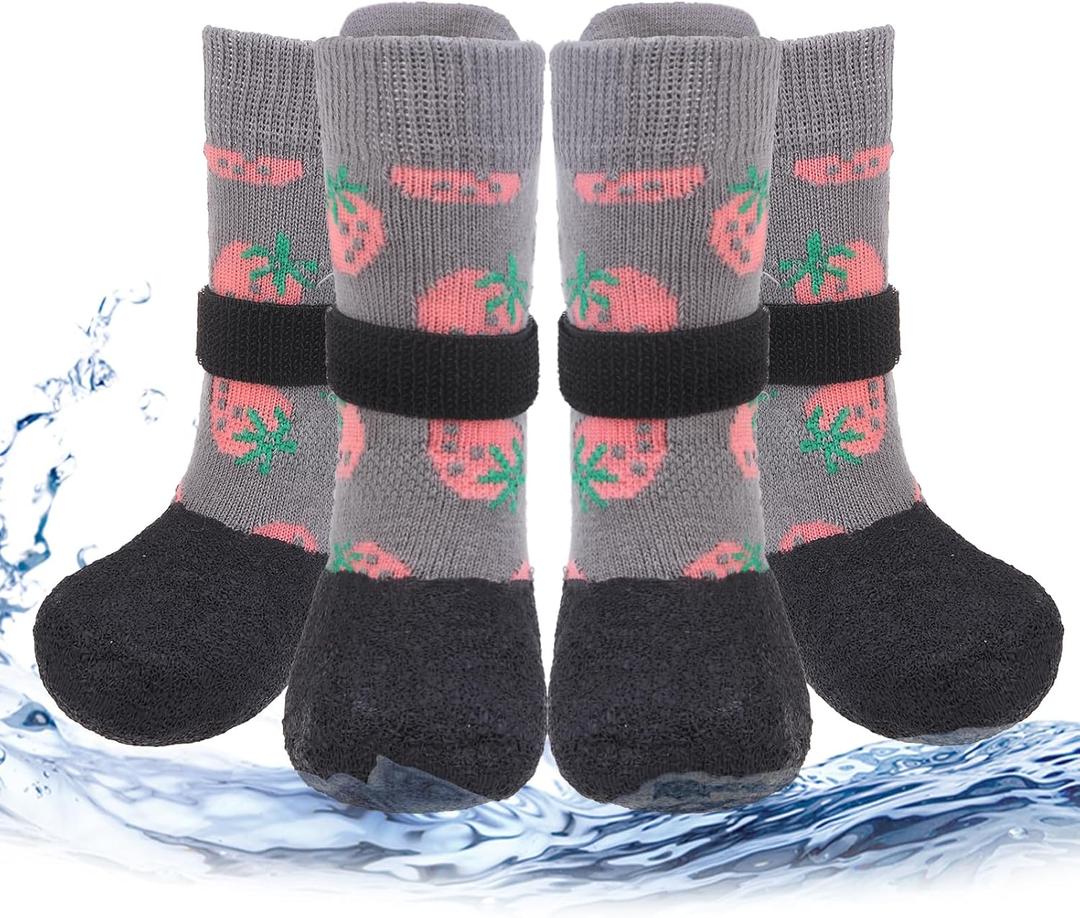 PUPTECK Anti Slip Dogs Shoes for Hot/Cold Pavement, Senior Booties, Rubber Boots & Paw Protectors for Dogs to Prevent Licking, Grippy Socks for Hardwood Floors, Strawberry, S