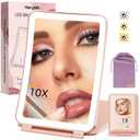 Travel Makeup Mirror with Lights and Magnification, 10X/1X Magnifying Vanity Mirror with 3 Colors & Brightness Adjustable, 2000 mAh Rechargeable Lighted Compact Mirror, Women Gift(Pink)