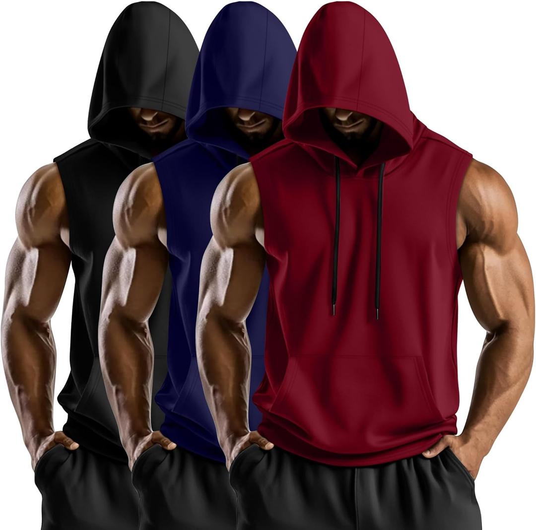 3 Pack Men's Hooded Tank Tops, Workout Sleeveless Gym Hoodie Muscle Bodybuilding Running Cut Off Shirts (X-Large, Red, Navy Blue, Black)