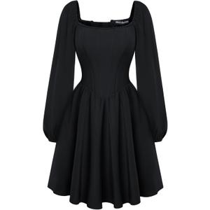 Scarlet Darkness Renaissance Corset Dress Long Sleeve Mini Dresses for Women Fishbone Fall Wedding Guest Party Dress (14, Black)
