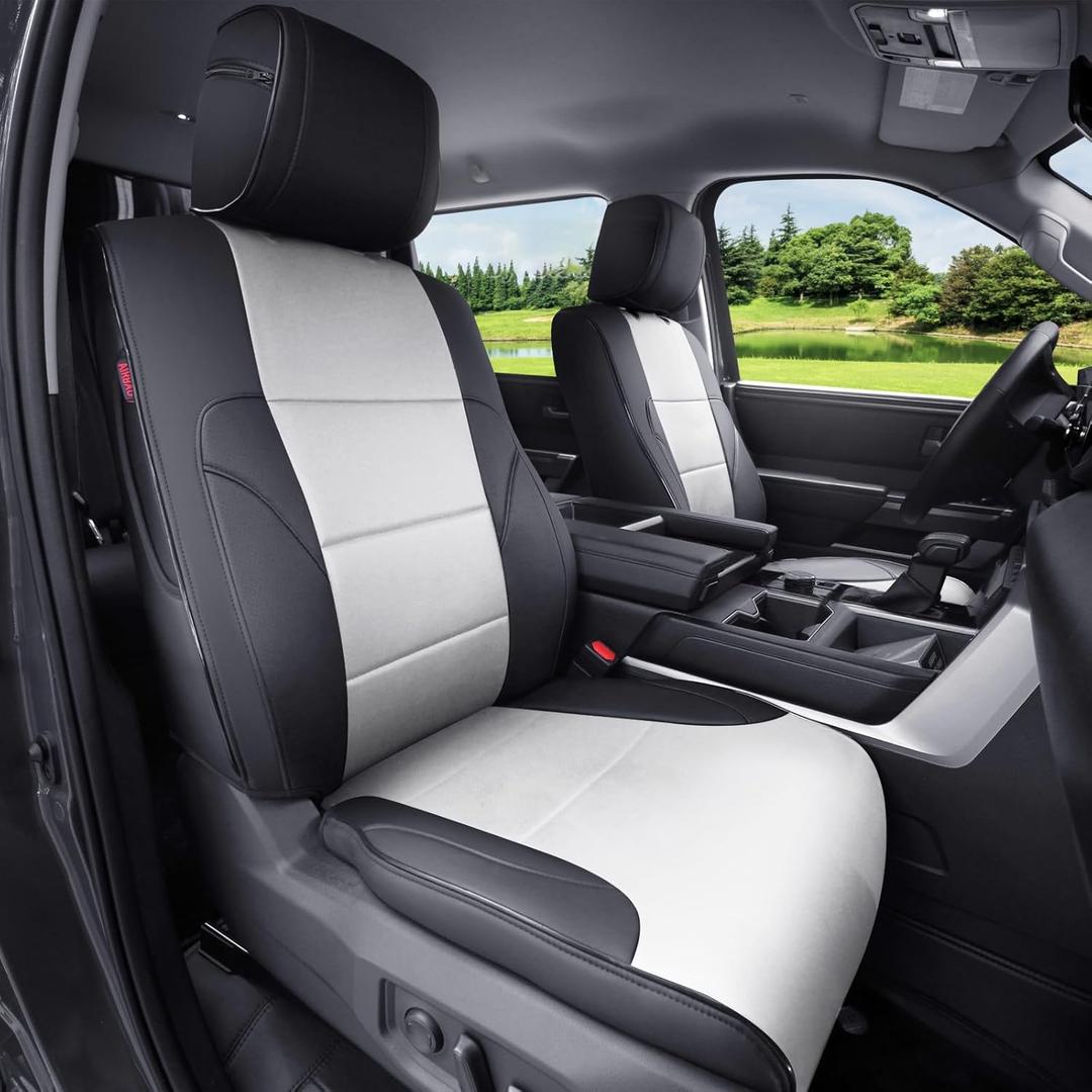 Custom Fit Tundra Seat Covers for Toyota Tundra 2022-2026 CrewMax&Double Cab SR,SR5,Limited Platinum,1794 Edition,TRD Pro,Capstone, Fits Gas & Hybrid, Faux Leather, 2-Row Full Set (Black & Grey)