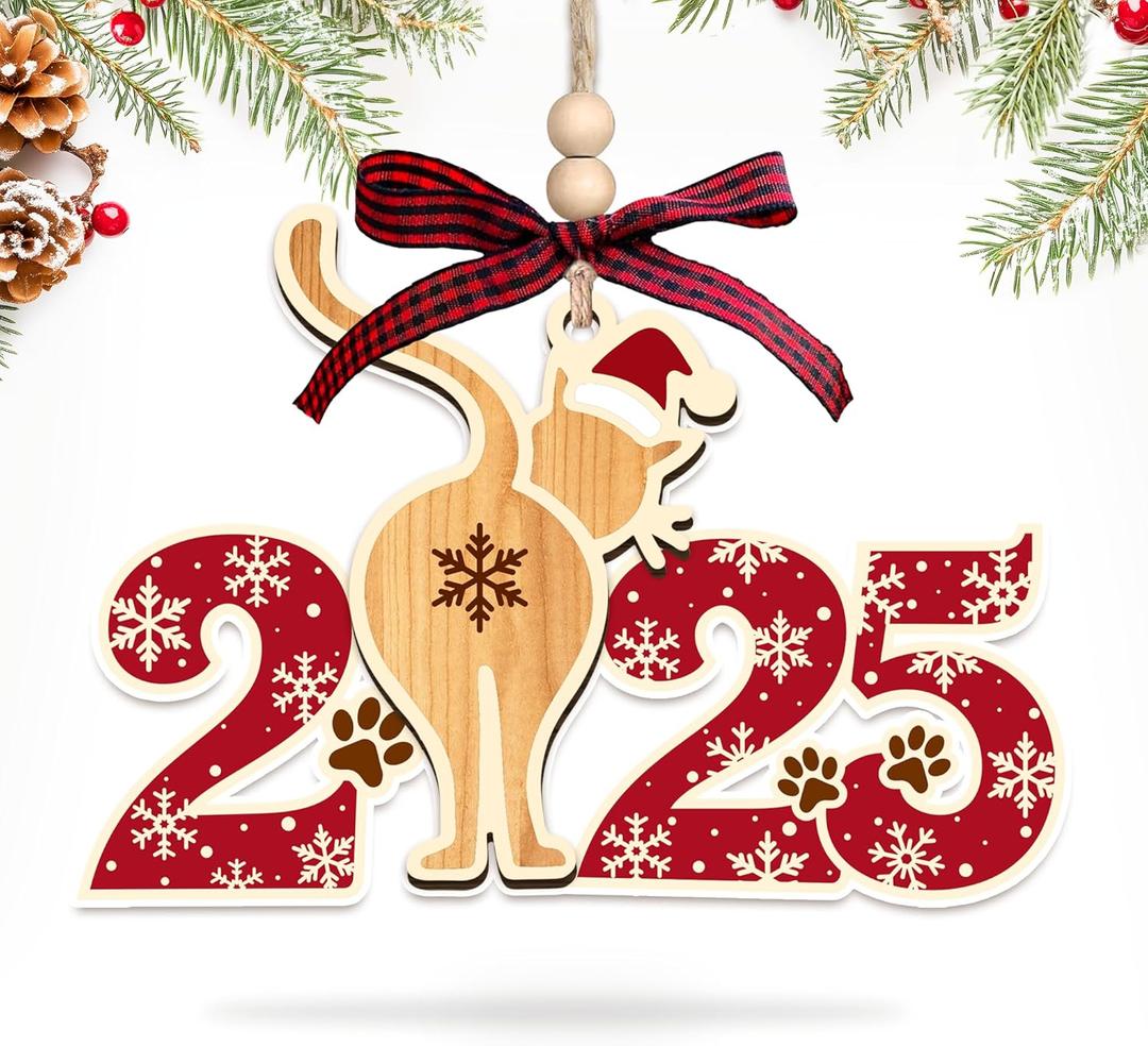 2 x HEXMOZ Cat Ornament for Christmas Tree 2025 - Funny Cat Gag Gifts for Women, Men, Kitty Lovers, Dad, Mom, Owner Exchange Ideas, Animal Christmas Decoration - Acrylic Wood Xmas Ornament (Coastal Style 2025)