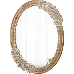 Rustic Oval Mirror 30 x 23 inch, Wall Hanging Handmade Distressed White Wood Frame with Flower and Beaded Detailing Farmhouse Oval Mirrors for Bathroom Entryway, Horizontal or Vertical