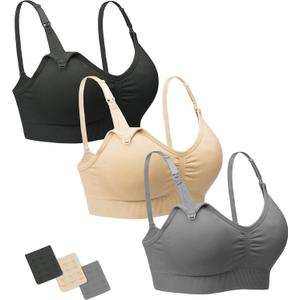 Stelle Nursing Bras Maternity Bra for Breastfeeding Pregnancy Wireless Bralette with Pads, Extenders & Clips (Medium, 3 Black+gray+beige)