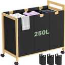 Homykic 250L Laundry Sorter Cart with Wheels, 3-Section Rolling Laundry Basket with Removable Bags, 66 Gal Large Laundry Hamper Organizer, Heavy Duty Bamboo Frame, Water-Resistant, Black, 35.24" x 17.52" x 35.43"