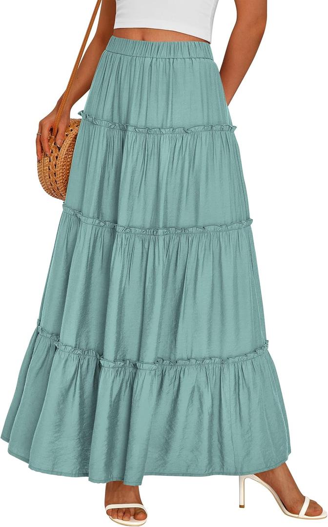 PRETTYGARDEN Boho Maxi Skirts for Women Trendy Summer 2026 Spring Long Flowy A Line Tiered Skirt Beach Vacation Clothes Dress (Medium, Blue Green)