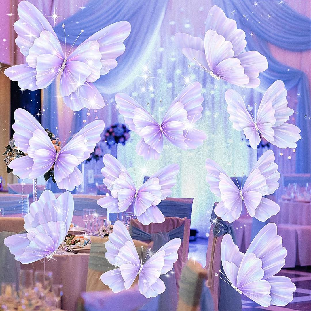Suncalla 10 Pcs Large Butterfly Party Decoration Mariposas Grandes para Decoracion Big Butterfly 20 Inch 12 Inch 3D Silk Butterflies for Wedding Birthday Party Decor(Purple,Silk)