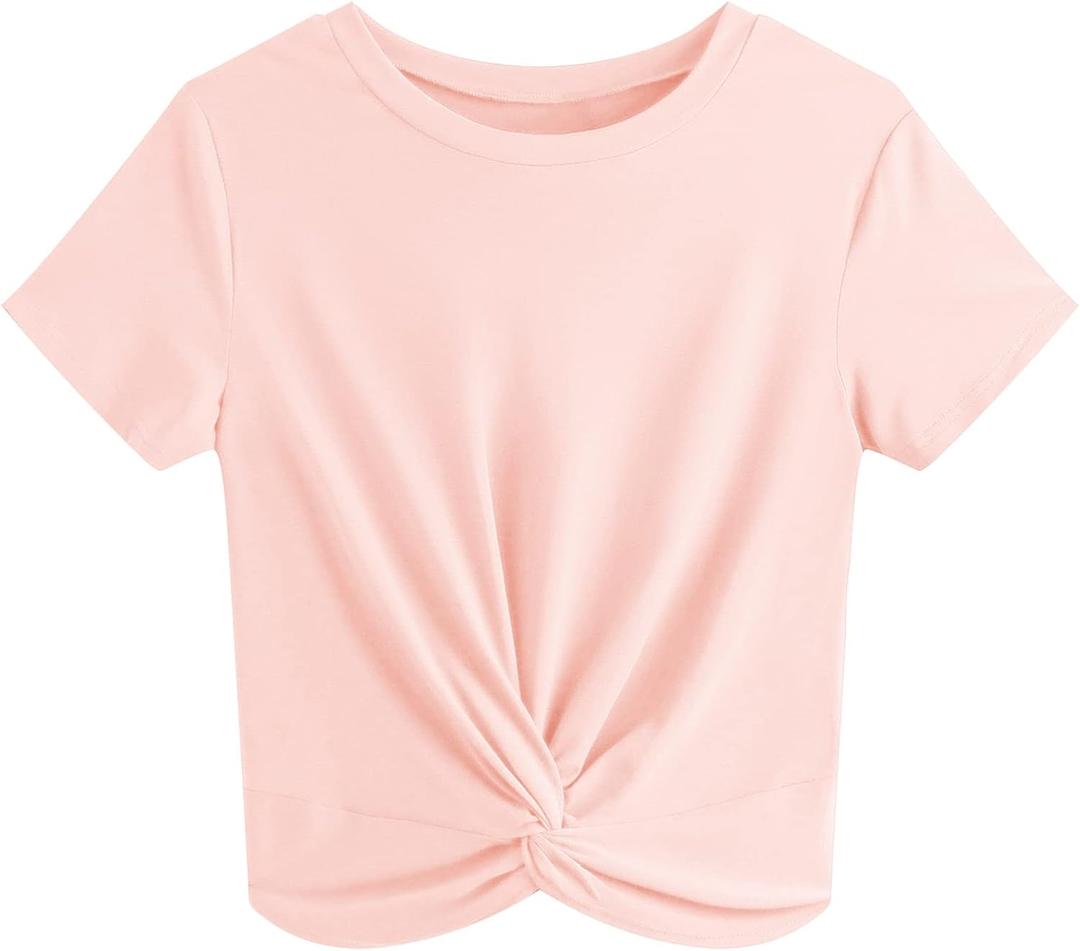 JINKESI Women's Summer Causal Short Sleeve Blouse Round Neck Crop Tops Twist Front Tee T-Shirt (Medium, A8 Light Pink)