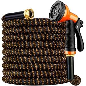 Expandable Garden Hose 50 ft with 10 Function Spray Nozzle, Flexible, Kink Free, Leak-Proof, Ultra Lightweight Retractable Stretch Water Hose 50ft for Yard, Lawn, Car Wash and Outdoor (Black Orange)