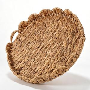 Foxtell Round Rattan Tray, 19.7" Hand Woven Basket, Large Round Ottoman Table Tray with Handles for Home and Kitchen Decorative, Breakfast, Tea, Snack, Fruit, Coffee, Storage