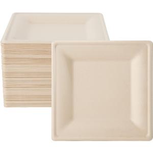 ECOLipak 100 Pack Compostable Square Plates, 10 inch Disposable Paper Plates Made of Sugacane, Eco-friendly Heavy Duty Biodegradable