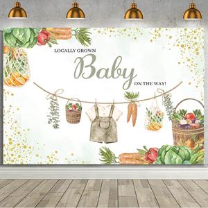 MEHOFOND 7x5ft Locally Grown Baby Shower Backdrop Green Farmers Market Baby Shower Decorations Banner for Kids Vegetable and Fruit Theme Party Photography Background Cake Table Photo Booth Props