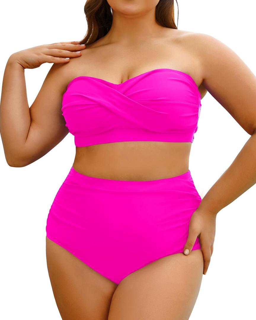 Yonique Women Plus Size Two Piece Swimsuits High Waisted Bathing Suits Bandeau Bikini Tummy Control Swimwear (Hot Pink) 
24 Plus