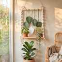 Macrame Wall Hanging Shelf, Boho Wall Decor Woven Leaf Tapestry, Floating Shelves for Bedroom Kitchen Living Room Bathroom Nursery, Hanging Plant & Book Display Shelf