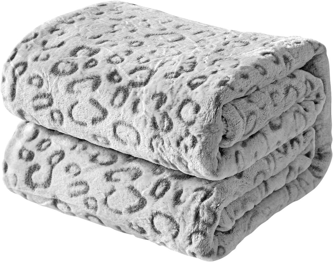 FY FIBER HOUSE Flannel Fleece Throw Microfiber Blanket with 3D Leopard Print,50"X60",Grey