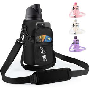 Water Bottle Carrier Bag with Strap for Owala FreeSip 24/32oz with Detachable Phone Pocket for Owala Accessories 24/32oz Water Bottle Sleeve for Walking Camping Gym (Black)