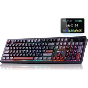 AULA F106 PRO Wireless Mechanical Keyboard, 104 Keys Gaming Keyboard with Knob & Screen, Tri-Mode RGB Hot Swappable Creamy Sounding Computer Keyboards for PC/Laptop/Windows - Black Red