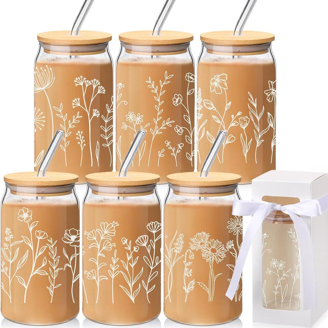 Havawish 12 Pcs Flower Glass Cups with Gift Boxes Glass Cups with Bamboo Lids and Straws Cute Coffee Tumbler for Women Girls(Boho)