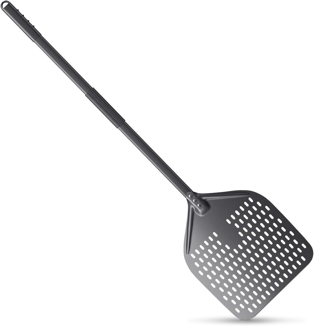 NUTUNI 12" x 14" Pizza Peel Long Handle, Perforated Pizza Spatula 43.8 Inch Overall, Professional Aluminum Turning Peel for Baking Commercial Ovens