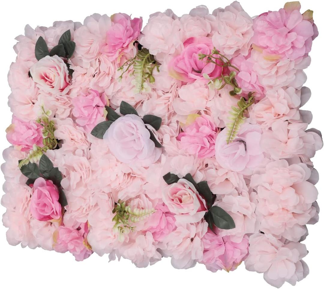 LOYALHEARTDY 12 Pack Artificial Flower Wall Panels 24" x 16" Flower Wall Panel Backdrop Faux Hydrangea Rose Flower Backdrop Panels for Flower Wall Decor Wedding Party Event Decoration (12 Pcs, Light Pink+leaf)
