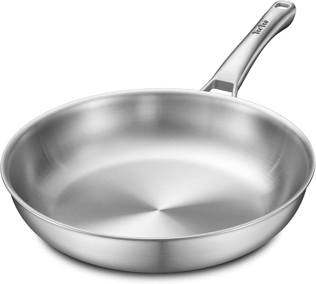 12 inch Tri-Ply Stainless Steel Pan,PFOA&PTFE Free Skillets,Chef's Pans,Dishwasher and Oven Safe Cookware, Works on Induction,Ceramic and Gas Cooktops