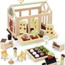 PairPear Dollhouse Furnitures Flower Garden Toy Greenhouse Playset,Toddlers Wooden Toys Dollhouse Garden Toys,Pretend Play Food Set for Girls Boys 3 Years and Up