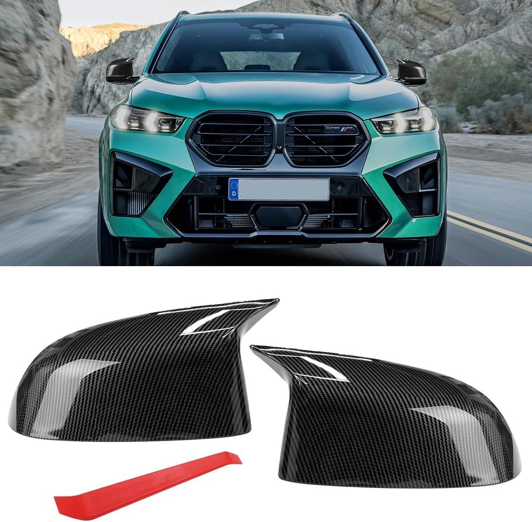 Jaronx Compatible with BMW Mirror Cover X3 G01/X4 G02/X5 G05/X7 G07 2019-2024,X6 G06 2020-2024, M Style Carbon Fiber Pattern Rearview Mirror Caps Cover for BMW, Horn Clip-on Left Right Side