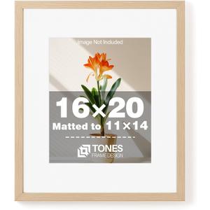 TONES FRAME DESIGN 16 x 20 Picture Frame Matted to 11x14 Natural Solid Wood Veneer Finish with Shatterproof Plexiglass, 16x20 Frame Wooden 20x16 Picture Frames for Wall Gallery Home Decor