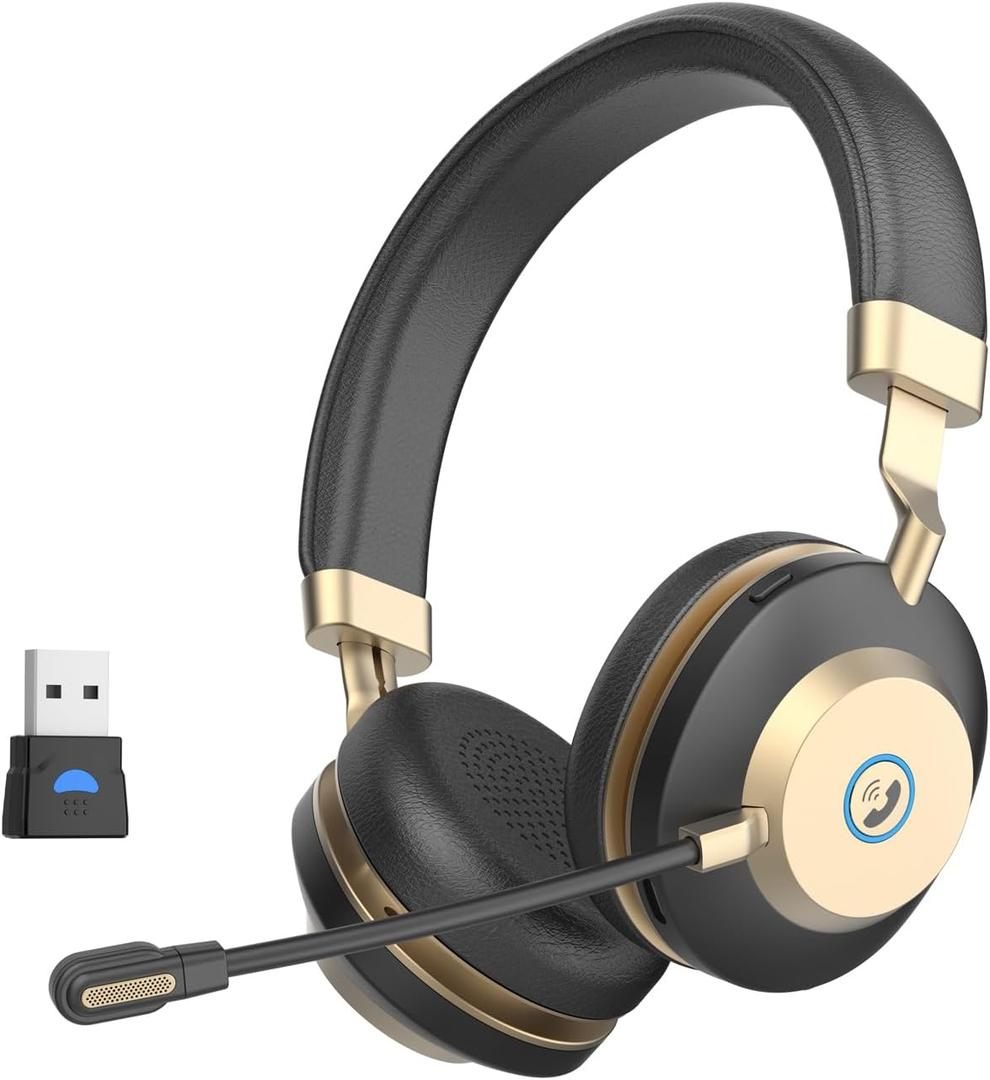 Wireless Headset with Mic for Work, Bluetooth V5.3 Headset with Mic (Noise Cancelling & Mute), Wireless Headphones with USB Dongle for 45H Work from Home/Office/PC/Call Center/Laptop/Teams/Zoom, Black Gold