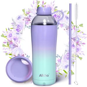 Allcho Insulated Water Bottle for Women, 18oz Stainless Steel Leak Proof Tumbler with 2 Lids, BPA-Free Tritan Chug & Straw Lid, Double Wall Vacuum Flask (Lavender Meadow)