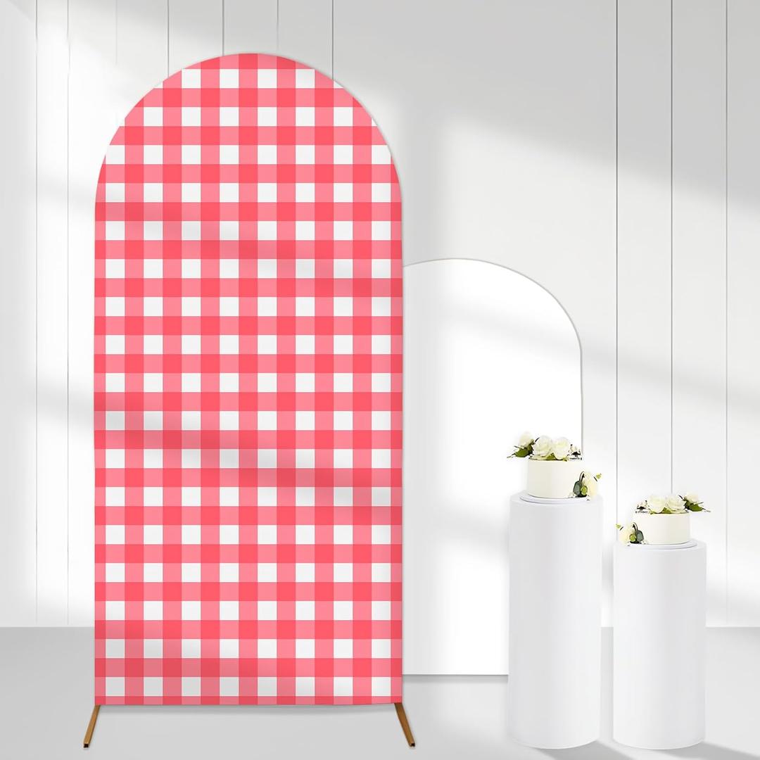 Watermelon Red Gingham Arch Backdrop Covers, 6 Ft Pink Stretchy Arch Backdrop Stand Covers, Photography Background White Plaid Arch Stand Cover (1)