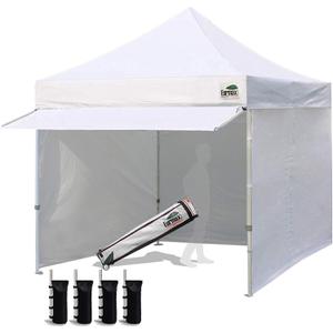 Eurmax USA 10 x 10 Pop up Canopy Commercial Tent Outdoor Party Canopies with 4 Removable Zippered Sidewalls and Roller Bag Bonus 4 Canopy Sand Bags & 24 Squre Ft Extended Awning(White)