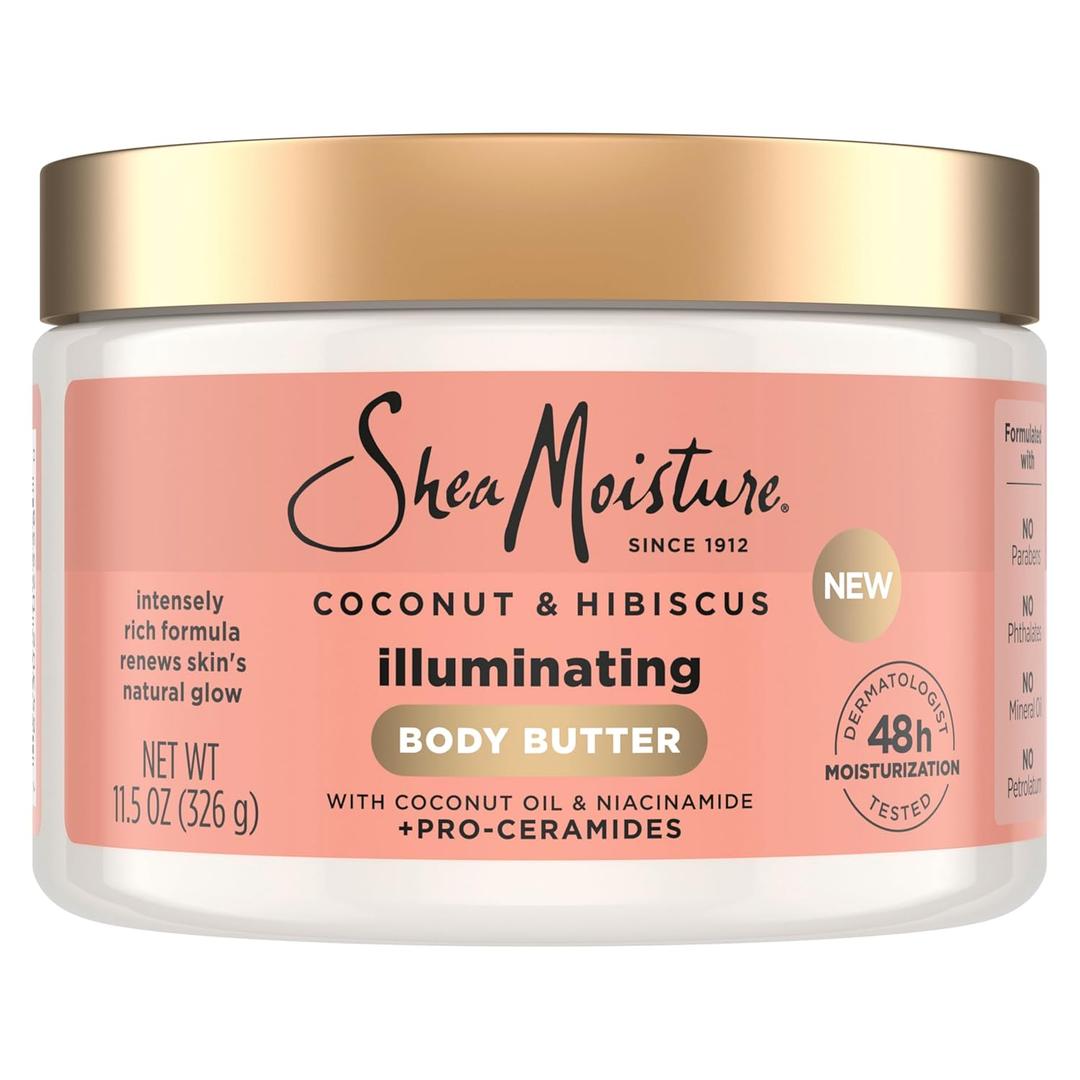 SheaMoisture Illuminating Body Butter with Coconut & Hibiscus, Niacinamide and Pro-Ceramides, Renewing Skins Natural Glow, 48H Moisturizing 11.5 oz