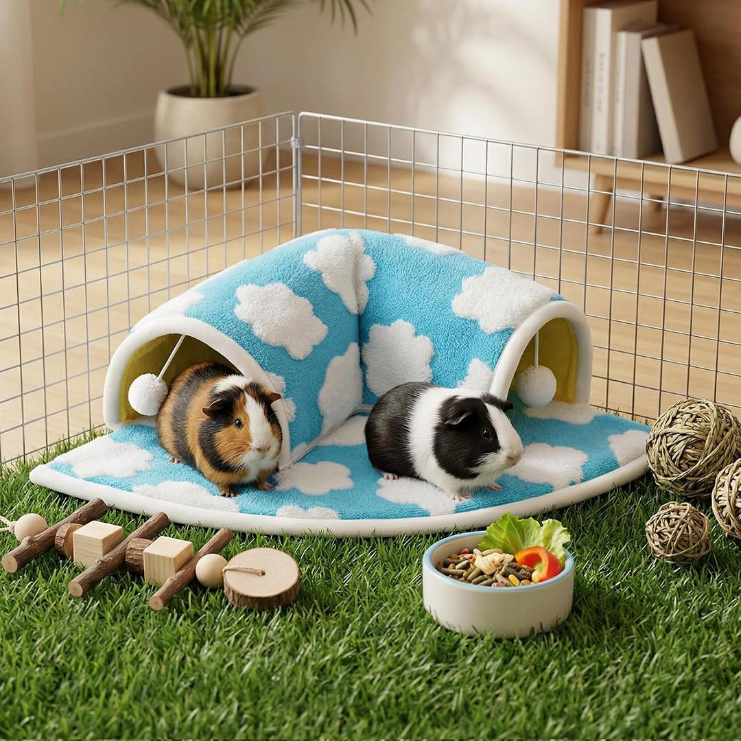 Avont Guinea Pig Hideout Tunnel Bed, Large Washable Hideaway House with Play Tunnel for Small Animals, Chinchillas Hamsters Chipmunks Dwarf Rabbits Rats -Cloud