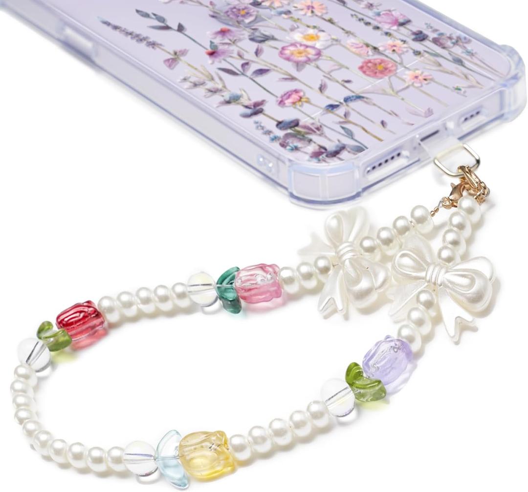 GVIEWIN Phone Charm Beaded Wrist Strap with Tether Tab, [Hands-Free & Anti-drop] Detachable Phone Chain Wristlet for Women Girls for iPhone & Most Smartphones, Tulip Pearl