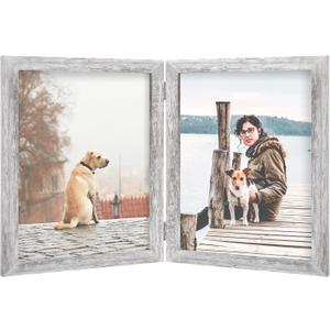 FOREV 8x10 Double Picture Frame Wooden Hinged Photo Frame Definition Glass Stand Vertically on Desktop or Tabletop Distressed White