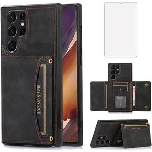 Design for Samsung Galaxy S22 Ultra Wallet Case with Tempered Glass Screen Protector PU Leather Credit Card Holder Slot Phone Cases Kickstand Shockproof Protective Cover for Men 6.7 inch Black
