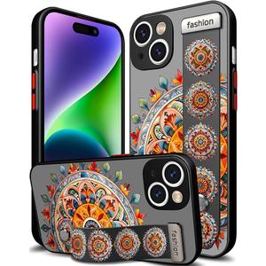 Compatible for iPhone 14 Case Cute with Strap Stand Finger Kickstand, Designer Cool Silicone Cases Funda Cover - Orange Flower Mandala