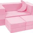 Modular Kids Sofa,Toddler Couch Foam Armchair for Kids, Children Convertible Plush Sofa Play Set,Fold Out SofaBed(Pink)