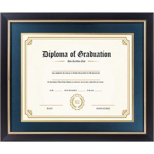 FramePro 11x14 Diploma Frame with Navy over Gold Mat, 14x17 Certificate Frame, Real Wood with Gold Trim, Black Frame with Arcylic