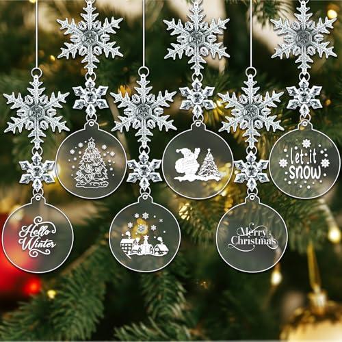 HAKOTOM 29 pcs Clear Ornaments for Crafts, 3 Inch Round Clear Acrylic Blanks Ornaments with Stickers, Christmas Tree Ornament Craft, Crystal Snowflake for Christmas Tree Winter New Year Crafting Decor