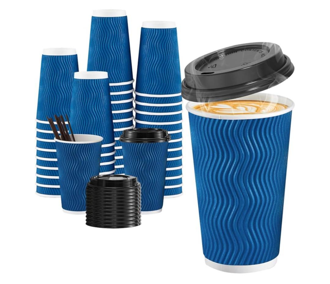 SIUQ 16 oz Coffee Cups-90 Pack Disposable Coffee Cups with Lids and Straws, Insulated Ripple Wall To Go Paper Coffee Cup for Coffee, Hot Chocolate and Hot Tea Drinks - Navy