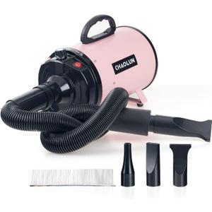 Dog Dryer for Pet Grooming, High Velocity Pet Hair Dryer with Heater, Adjustable Speed, 3 Nozzles and a Comb, Pink